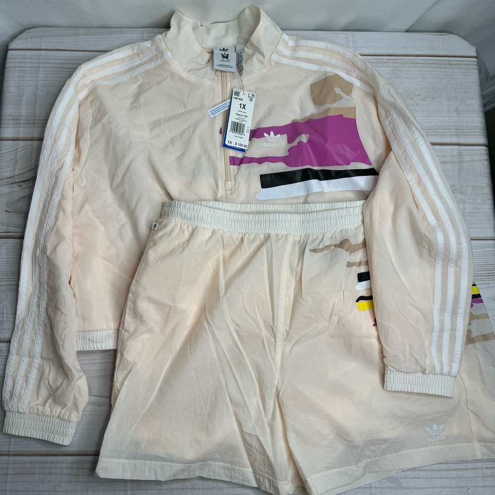 Adidas x Thebe Magugu cream track short and top set. 1x